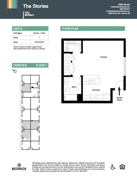 Floor plan for studio, 1 bath, 542 sqft